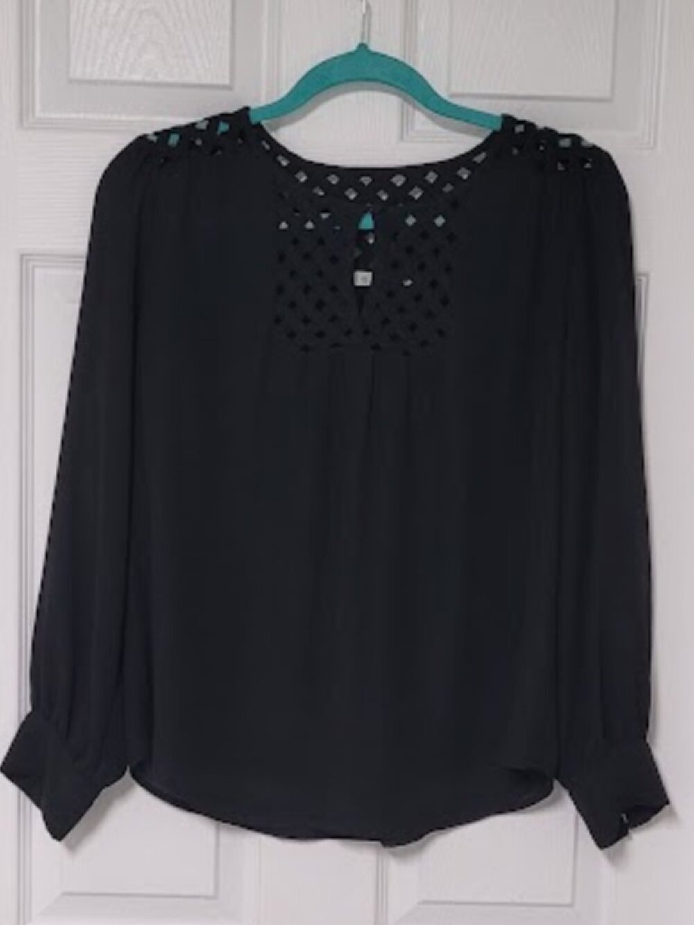 Black Lattice Neck Blouse-Cleo Petites Medium-Long Sleeve Top Shirt-Office-Date